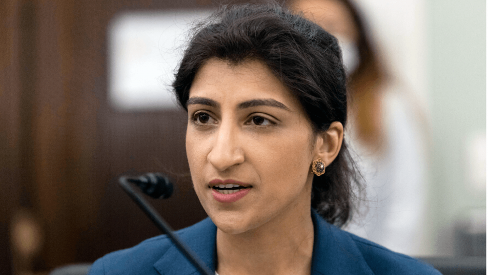 Lina Khan, then-nominee for Commissioner of the Federal Trade Commission (FTC), speaks during a Senate Committee on Commerce, Science, and Transportation confirmation hearing on Capitol Hill in Washington, April 21, 2021.
