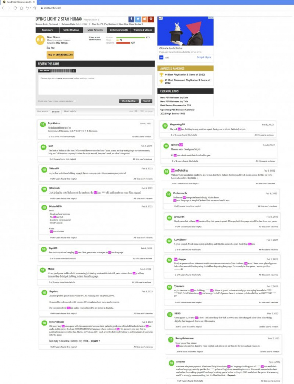 Commenti anti-italiani nelle valutazioni di Dying Light 2 su Metacritic